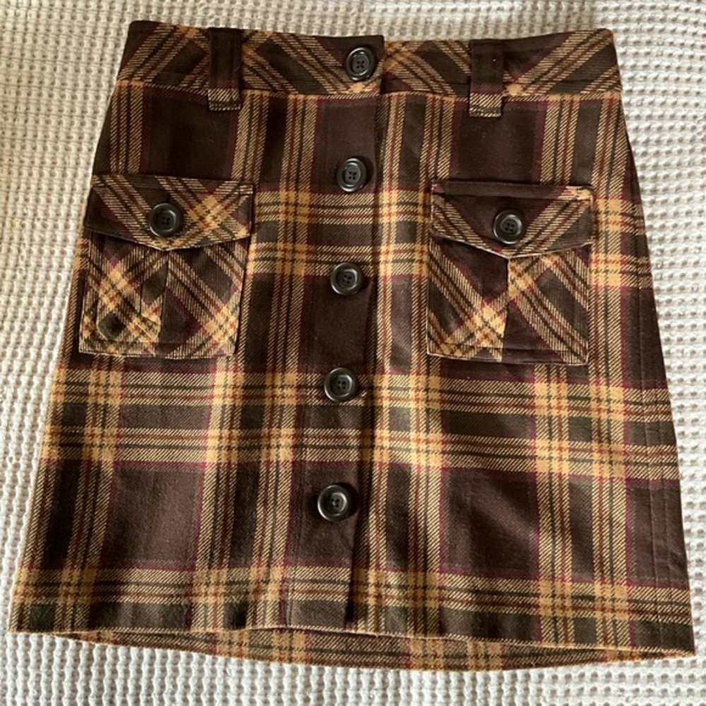 Retro 70’s Style Plaid Button Front Miniskirt, Patch Pockets, 8, MSRP $69